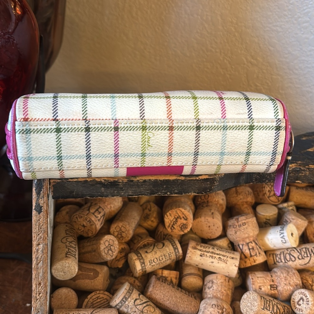 Coach Peyton Tattersall Coated Canvas and Leather Plaid Pink Stripe Cosmetic Bag - Picture 4 of 9
